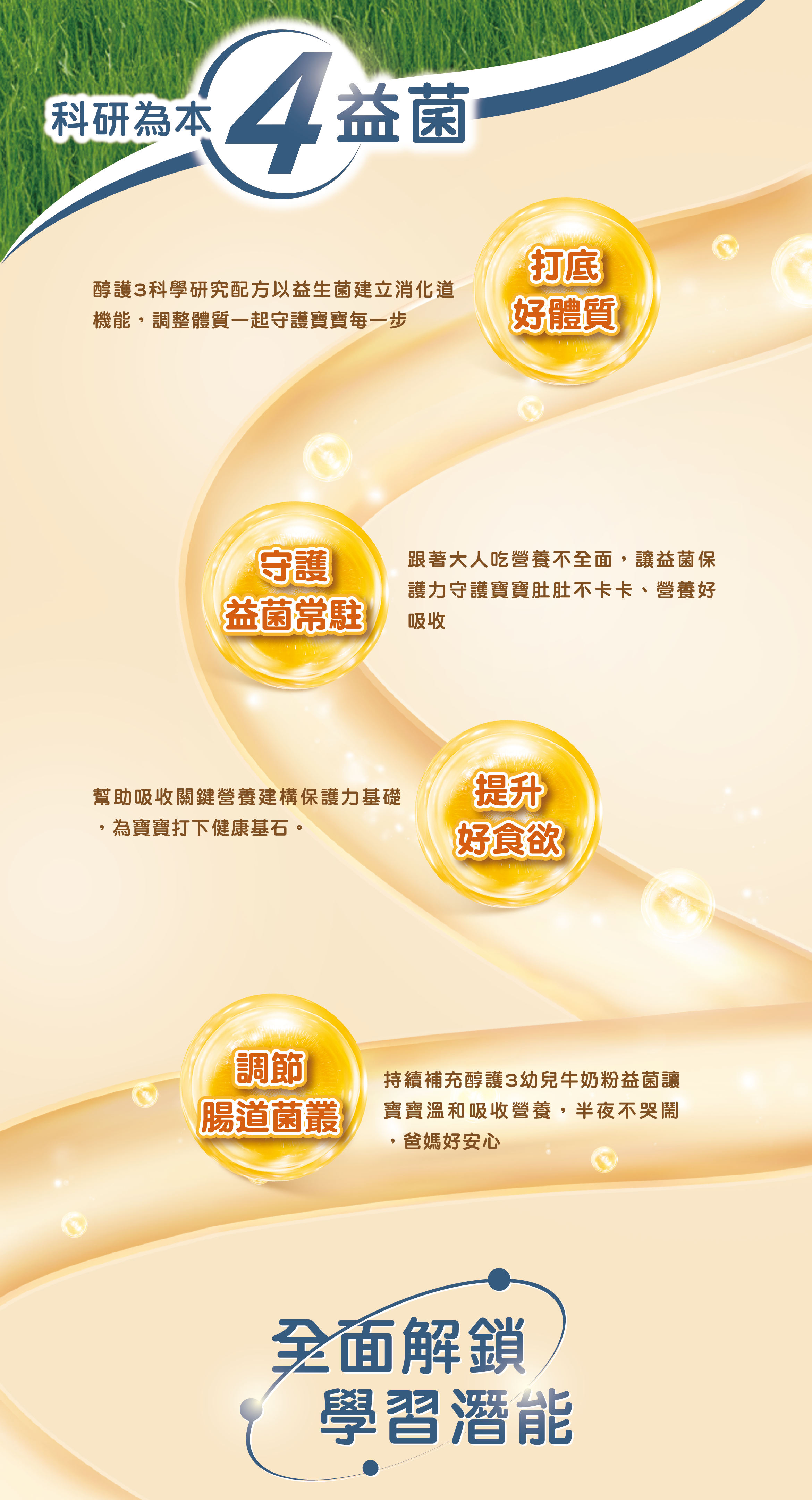 科研為本4益菌 打底好體質 守護益菌常駐 提升好食欲 調節腸道菌叢