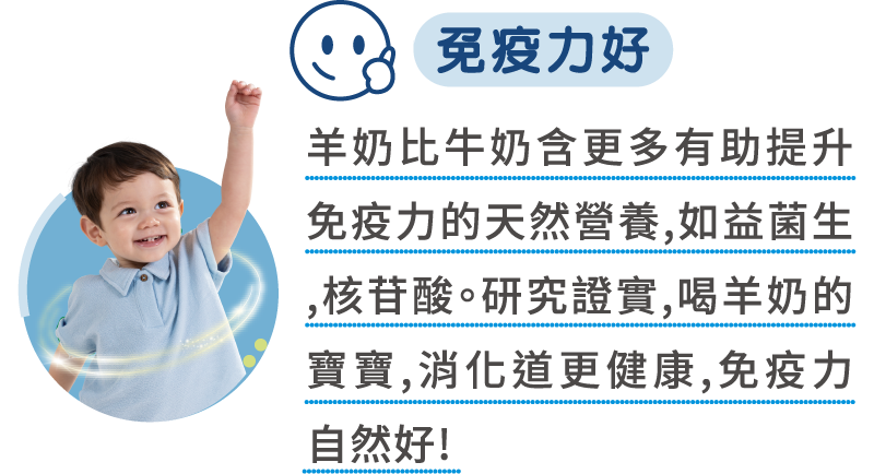 羊奶比牛奶含更多有助提升免疫力的天然營養,如益菌生,核苷酸。研究證實,喝羊奶的寶寶,消化道更健康,免疫力自然好!
